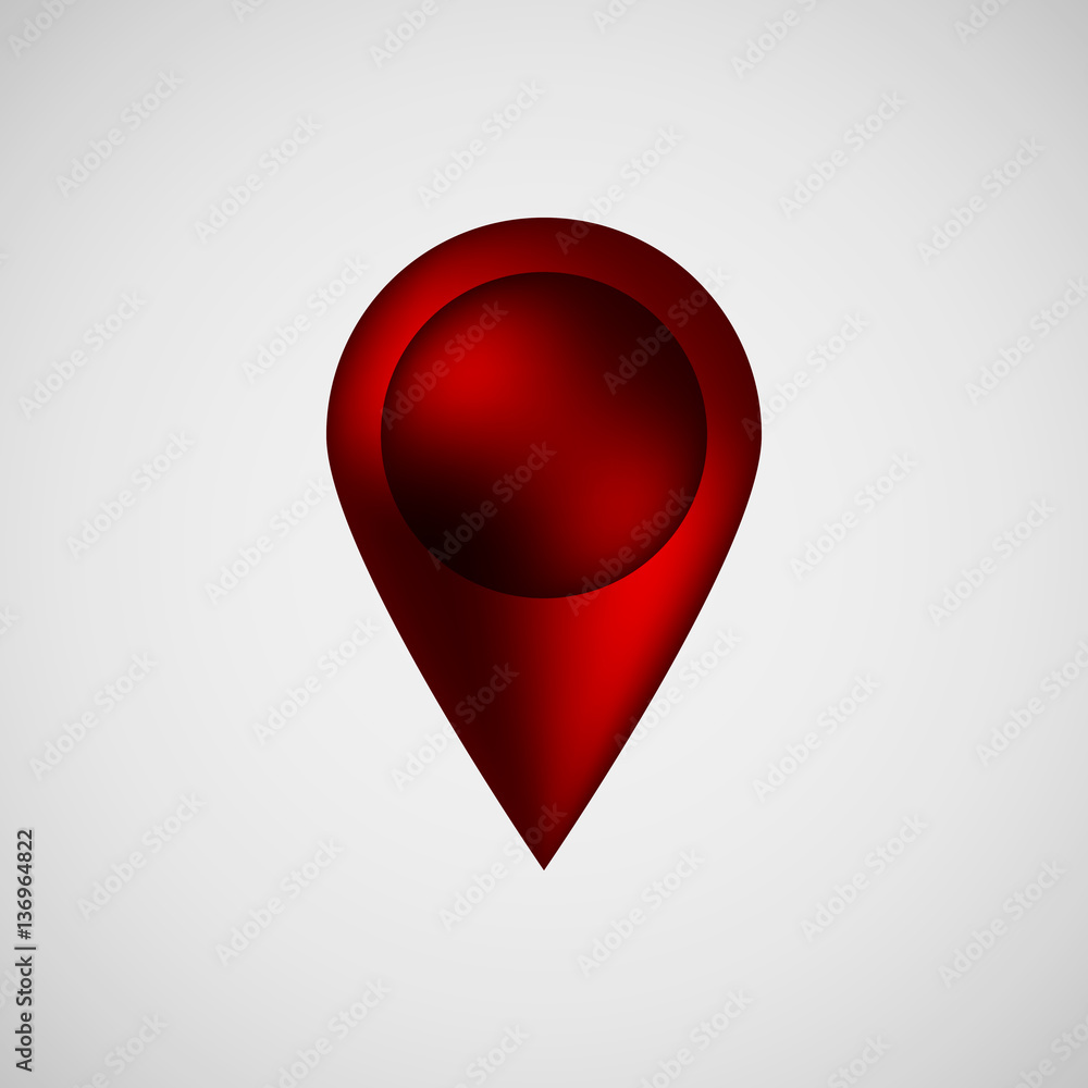 Poster red abstract map pointer badge, gps button with realistic reflex and light background for logo, desi