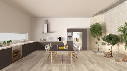 White and brown kitchen with inner garden, minimal interior desi