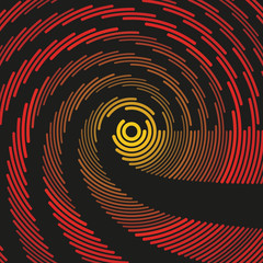 Colorful dark hypnotic illustration. Multiple psychedelic outline arcs. Concentric round geometric composition. Asymmetric curved lines of different color, radius and weight. Element of design.