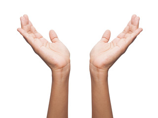 female teen hand showing protection symbol, isolated on white