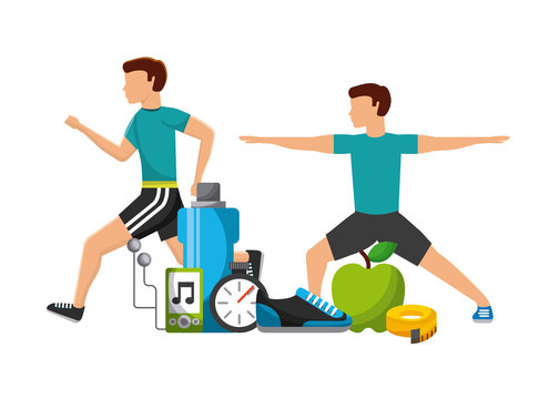 man exercising and healthy lifestyle icons around over white background. colorful design. vector illustration