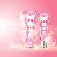 Vector realistic cosmetic bottles with natural elements.