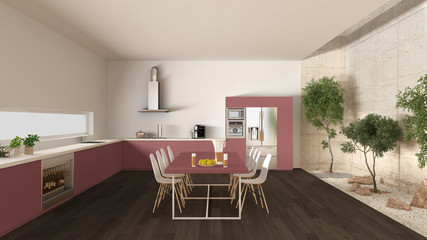 White and red kitchen with inner garden, minimal interior design