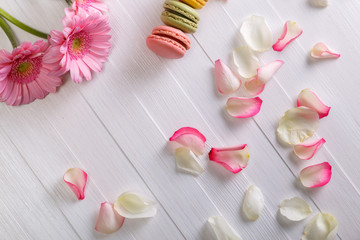 Macaroon cakes with pink rose petals and Gerbera flowers. Different types of macaron. Colorful almond cookies. On white wooden rustic background.