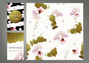 International Women's Day cards and spring inspirated pattern. Shabby gold, black and white stripes, blossom plum and marble texture. The eighth of March decoration concept. - 136966625