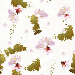 Trendy Spring pattern with plum flowers, shabby gold and light marble texture.
