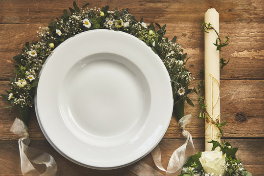 Holy communion place setting on wooden background