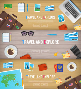Travel banners. Travel and Tourism. Web banner. Objects on wooden background. Flat design. Vector