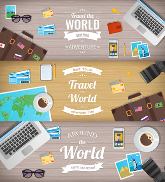 Travel banners. Travel and Tourism. Web banner. Objects on wooden background. Flat design. Vector