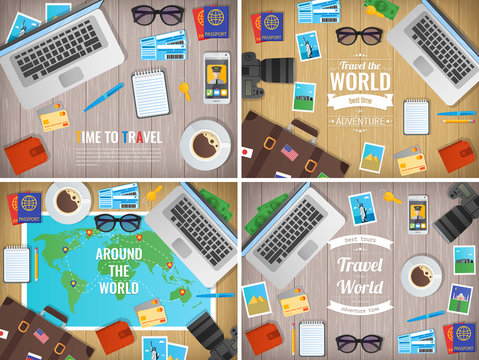 Traveller items on a wooden desk. Travel and Tourism. Vector