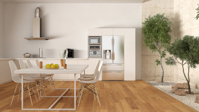 White kitchen with inner garden, minimal interior design