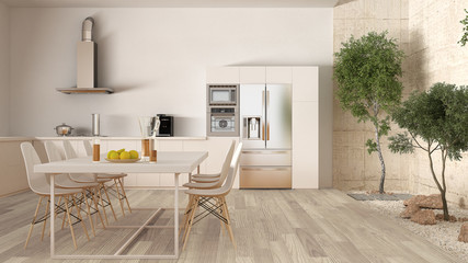 White kitchen with inner garden, minimal interior design