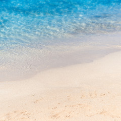 Close up sand with blurred sea sky / Paradise Tropical beach bac