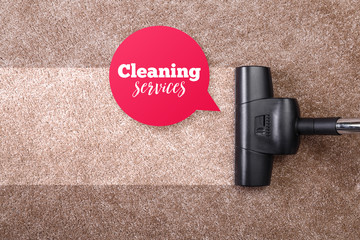 Vacuuming carpet with vacuum cleaner. Cleaning services speech bubble. Housework service. Close up...