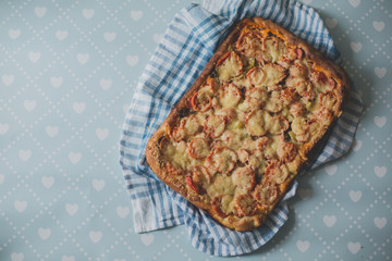 Home made artisan veggie pizza pie with onions peppers