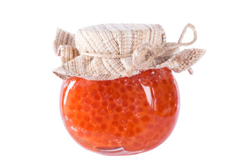 Bank of red caviar on a white background