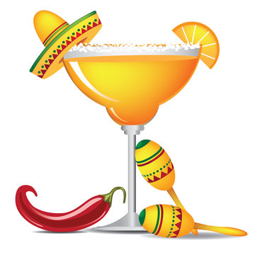 Margarita with sombrero, jalapeño, and maracas EPS 10 vector, grouped for easy editing. No open shapes or paths.