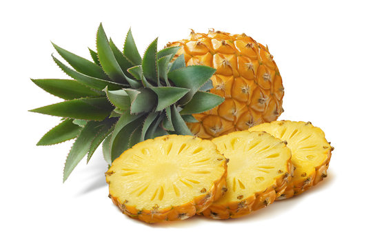 Horizontal pineapple and round slices isolated on white backgrou