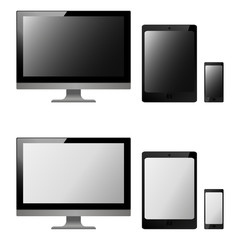Set of realistic electronic technology devices with empty black and white screen. Laptop, monitor, tablet, mobile phone, smartphone modern digital gadgets isolated on white background, mockup template