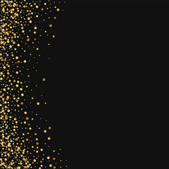 Gold confetti. Abstract left border on black background. Vector illustration.