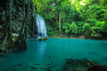Beautiful and Breathtaking green waterfall, Erawan's waterfall, Thailand