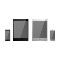 Set of realistic black and white electronic technology devices with empty screen. tablet, mobile phone, smartphone modern digital gadgets isolated on white background, mockup template. vector