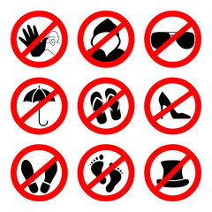 Prohibition sign icons collection, set of vector illustration isolated on white. Red forbidden circle