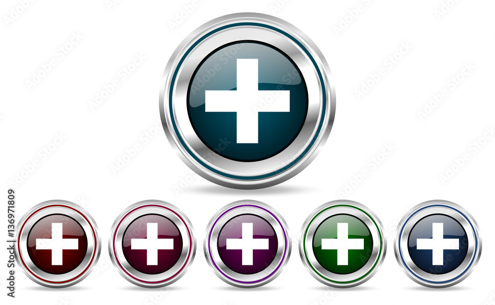 Poster Plus silver metallic web and mobile phone set of vector icons isolated on white background in eps 10.