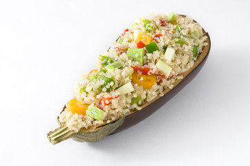 Stuffed eggplant with quinoa and vegetables, isolated on white background
