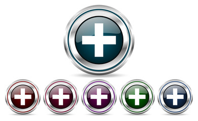 Plus silver metallic web and mobile phone set of vector icons isolated on white background in eps 10.