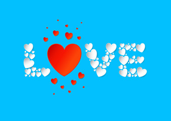 Love letters flat lay with white and red vector paper hearts on blue background