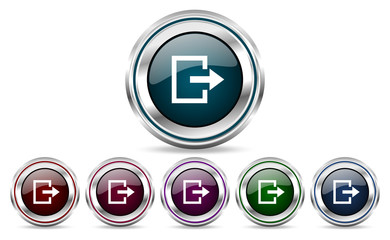 Exit silver metallic web and mobile phone set of vector icons isolated on white background in eps 10.