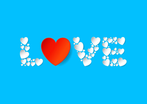 Love letters flat lay with white and red vector paper hearts on blue background