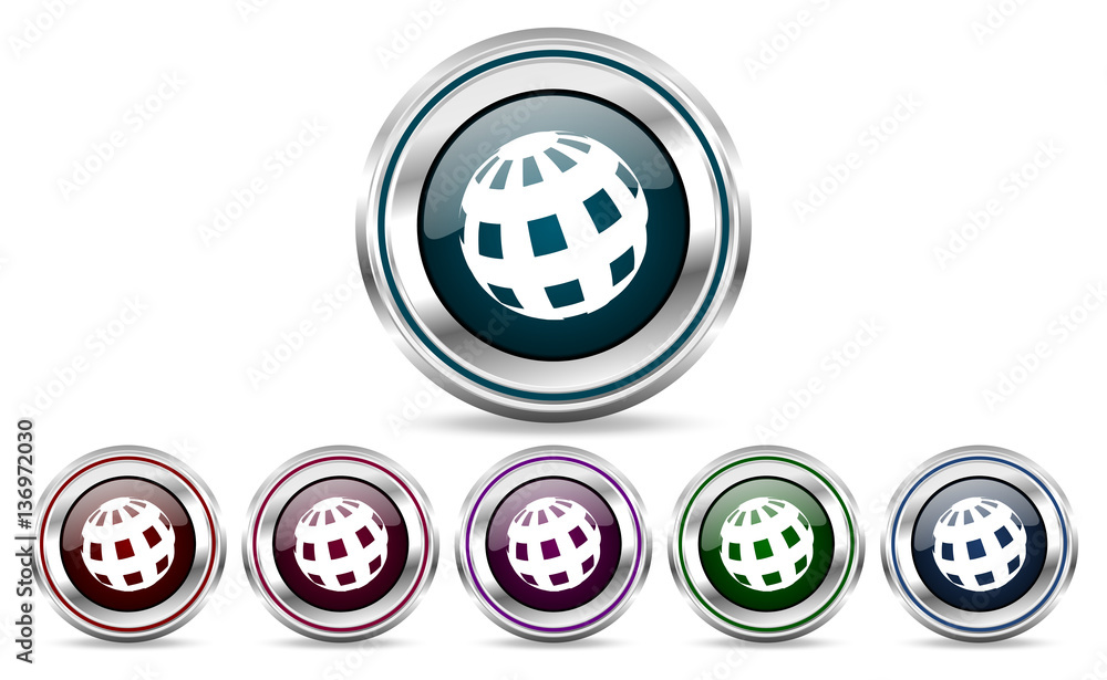 Poster earth silver metallic web and mobile phone set of vector icons isolated on white background in eps 1