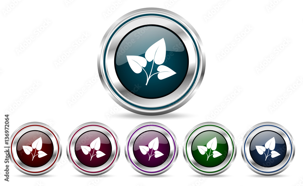 Poster Leaf silver metallic web and mobile phone set of vector icons isolated on white background in eps 10.