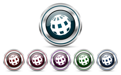 Earth silver metallic web and mobile phone set of vector icons isolated on white background in eps 10.