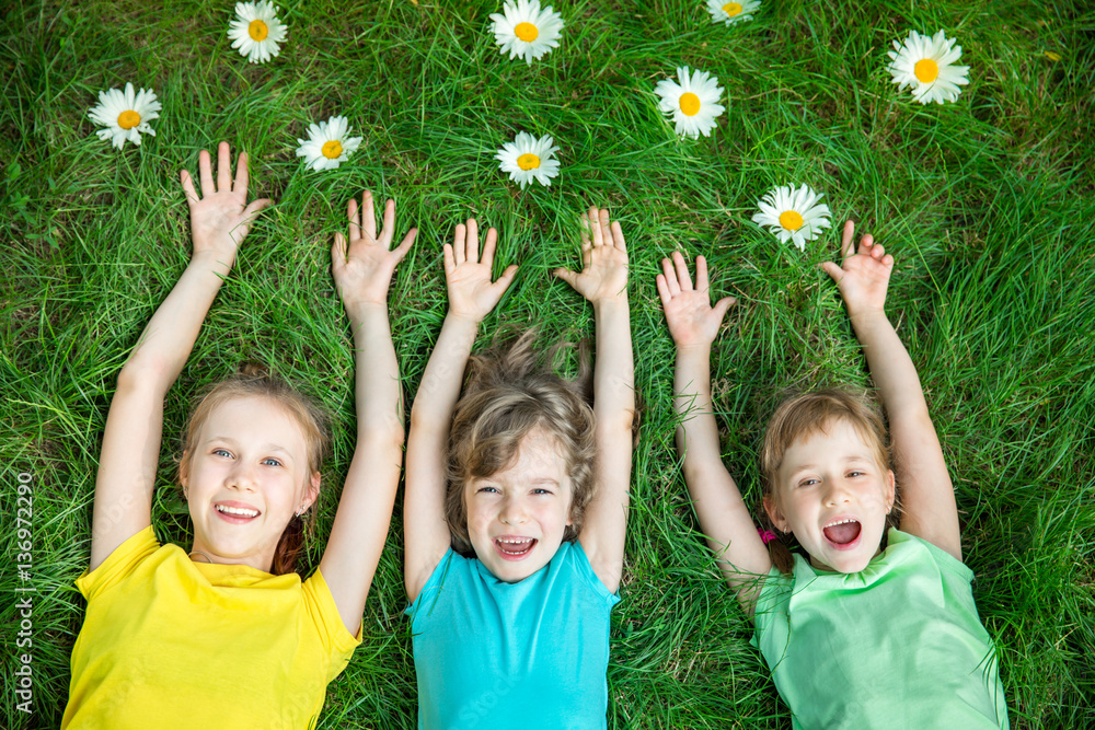 Sticker group of happy children playing outdoors