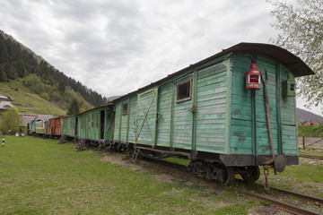 Old Soviet wooden wagon narrow-gauge railway. Transport