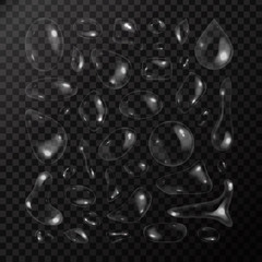 Vector collection of isolated realistic drops water on the transparent background.