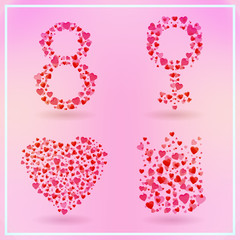 Vector collection of 8 March symbols consisting of hearts on the pink background. Concept of Happy Women's Day.