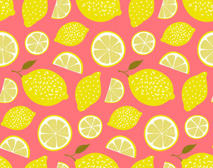 Yellow lemons on pink background. Seamless pattern, vector texture