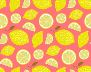 Fototapete Zitronen Gelbe Zitronen auf rosa Hintergrund. Nahtloses Muster, Vektortextur