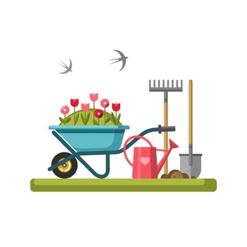 Concept of gardening. Garden tools. Vector illustration.