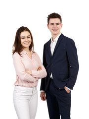 Young woman and man on white background
