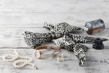 bijouterie pearl on white wooden table