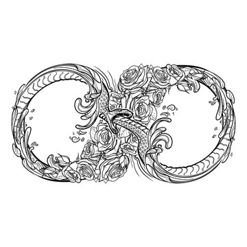 Uroboros serpent. Artistic decorative interpretation of the mathematical symbol with snake consuming its tail and rose garland. Concept design for the tattoo, colouring book or postcard. EPS10 vector.