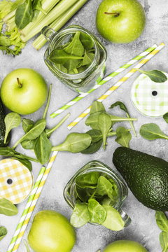Ingredients for green smoothie - apples, spinach, celery, avocad