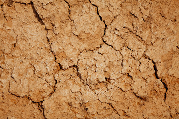 the texture of the clay , the cracks on the surface of the earth , the background is yellow