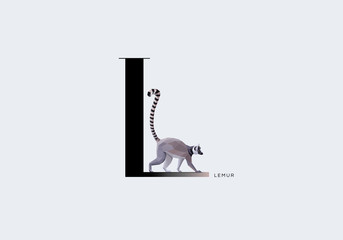 Capital letter l decorated with lemur animal