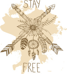 Tribal arrow in ethnical pattern with feathers and wild flowers